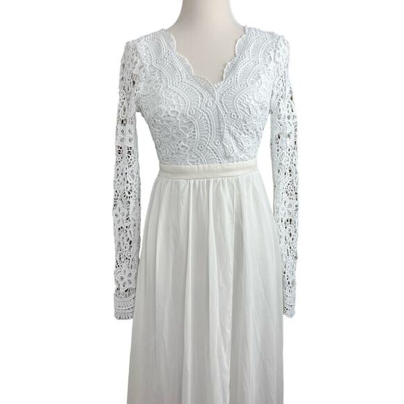 BEAUTIFUL MANIJU Ivory Lace Sheer Gown Long Sleeve Open Back Maxi Small - Picture 5 of 11